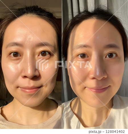 素肌のビフォーアフター比較ポートレート 素肌のビフォーアフター比較ポートレート 128041402