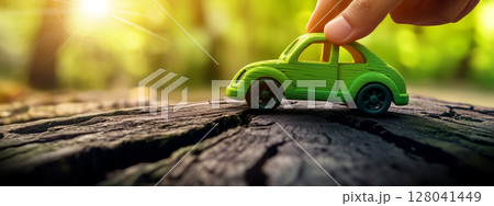 Hand of Man Playing with a Toy Green Wooden Vintage Car on a Tree Trunk - Generative Ai Hand of Man Playing with a Toy Green Wooden Vintage Car on a Tree Trunk - Generative Ai 128041449