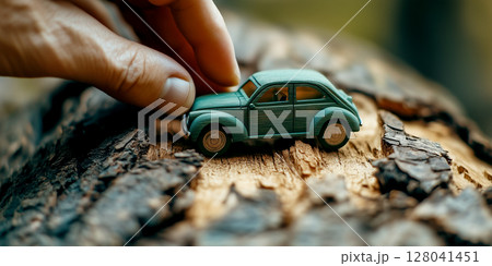 Hand of Man Playing with a Toy Green Wooden Vintage Car on a Tree Trunk - Generative Ai Hand of Man Playing with a Toy Green Wooden Vintage Car on a Tree Trunk - Generative Ai 128041451