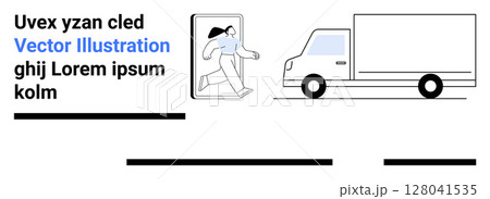 Woman stepping out of a smartphone alongside a delivery truck. Ideal for logistics, delivery services, mobile apps, transportation, marketing campaigns, startup pitches, and technology concepts 128041535