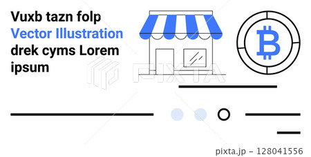 Shopfront with blue and white awning, Bitcoin icon, text blocks and lines. Ideal for e-commerce, cryptocurrency, online payments, digital stores, financial tech, blockchain, landing page 128041556