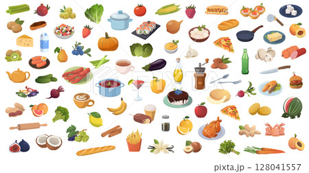Realistic products, vegetables and fruits on a white background - Vector 128041557