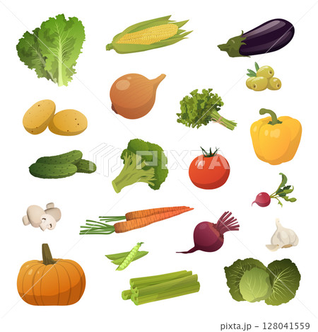 Set of 20 pieces of different vegetables on a white background - Vector 128041559