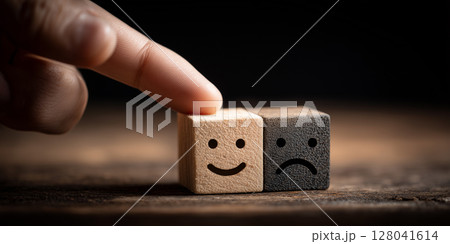 Human Hand Pointing to a Wooden Cube With Happy and Sad Face on Wooden Table - Generative Ai 128041614