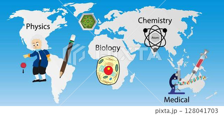 illustration of education, Educational images of physics, chemistry, biology and medicine, Isaac Newton watched as the apple fell to the ground, school subjects 128041703