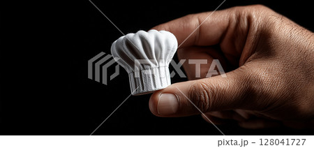 Male Hand Holding a Miniature of a White Chef Hat on Black Background - Generative Ai 128041727
