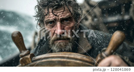 Portrait of an Old Fisherman Holding the Wooden Helm During a Sea Storm - Generative Ai 128041869