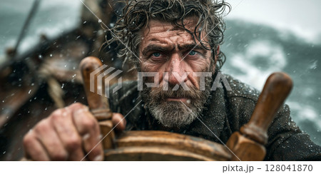 Portrait of an Old Fisherman Holding the Wooden Helm During a Sea Storm - Generative Ai 128041870