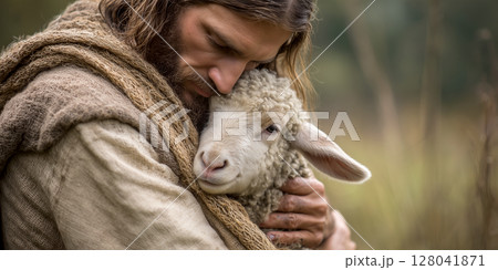 Portrait of Jesus Christ Hugging the Lost Sheep Christian Symbol - Generative Ai 128041871