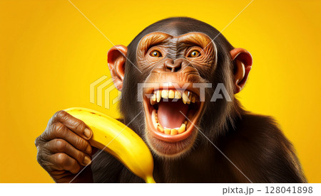 Portrait of a Happy Chimpanzee Holding a Banana While Eating it - Generative Ai 128041898