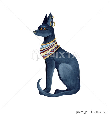 Bastet Egyptian goddess, religion icon. Ancient symbol. Black cat with Jewelry. Watercolor illustration isolated on white. Culture concept for textile, souvenir products, patterns and ornament design Bastet Egyptian goddess, religion icon. Ancient symbol. Black cat with Jewelry. Watercolor illustration isolated on white. Culture concept for textile, souvenir products, patterns and ornament design 128042070