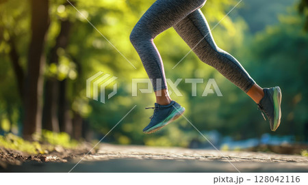 Legs of woman in sportswear in mid-stride during morning jogging in park, blurred green trees in background 128042116