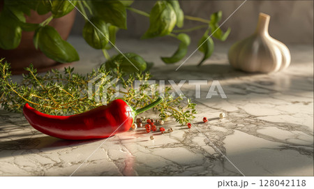 Hot red chili pepper on marble countertop in kitchen near herbs and garlic 128042118