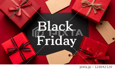 Black Friday background with gifts, packages, discounts and sales 128042120