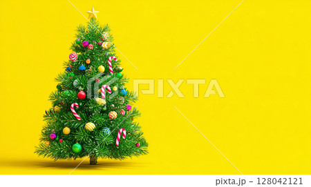 Traditional green christmas tree with colorful baubles, candy canes and star on top isolated on bright yellow background 128042121