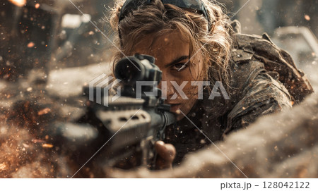 Woman at war aiming rifle from behind barricade, intense look, chaos on battlefield 128042122