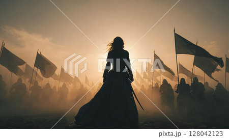 A woman leads a squad through a foggy battlefield at dawn, flags and silhouettes in the distance 128042123