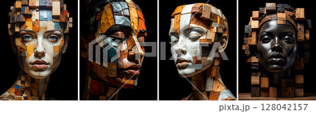 Surreal Sculpture of a Human Head Made of Wooden Blocks - Generative Ai 128042157