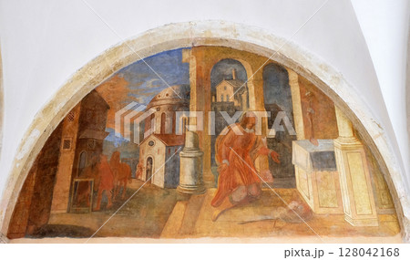 The frescoes with scenes from the life of St. Francis of Assisi, cloister of the Franciscan monastery of the Friars Minor in Dubrovnik, Croatia The frescoes with scenes from the life of St. Francis of Assisi, cloister of the Franciscan monastery of the Friars Minor in Dubrovnik, Croatia 128042168