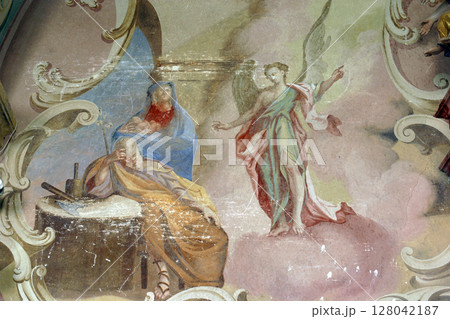 Joseph's dream, fresco in the Church of the Three Kings in Komin, Croatia Joseph's dream, fresco in the Church of the Three Kings in Komin, Croatia 128042187