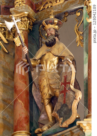 Saint Ladislaus of Hungary, statue on the main altar in the Church of the Three Kings in Komin, Croatia 128042189