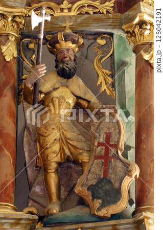 Saint Ladislaus of Hungary, statue on the main altar in the Church of the Three Kings in Komin, Croatia Saint Ladislaus of Hungary, statue on the main altar in the Church of the Three Kings in Komin, Croatia 128042191