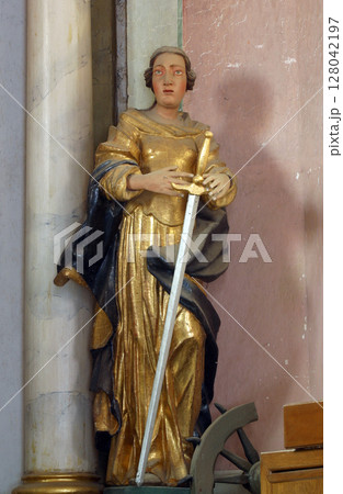 Saint Catherine of Alexandria, statue on the Saint Elizabeth altar in the Church of the Three Kings in Komin, Croatia Saint Catherine of Alexandria, statue on the Saint Elizabeth altar in the Church of the Three Kings in Komin, Croatia 128042197
