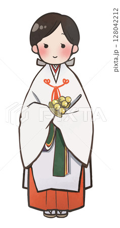 イラスト素材:手描き風鈴を持つ巫女さん イラスト素材:手描き風鈴を持つ巫女さん 128042212