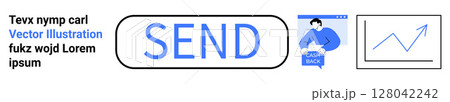 Large SEND button, man with upload box, upward graph line. Ideal for email campaigns, online forms, business, data uploads, communication apps, website buttons, user interfaces. Landing page 128042242