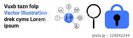 ERP system interconnected icons accompanied by a magnifying glass and security lock. Ideal for enterprise resource planning, data security, analysis tools, IT solutions, digital security, business 128042244