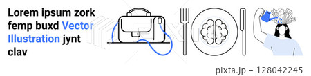 Business bag with strap, fork and plate with brain, person drinking water. Ideal for business, education, wellness, productivity, mental health, lifestyle, nutrition. Landing page 128042245