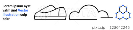 Geometric mountain, curved cloud, and hexagonal pattern beside text with certain letters in blue. Ideal for abstract designs, modern themes, tech projects, minimalistic art, infographics, educational 128042246