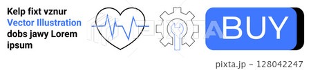 Blue heart with heartbeat line, gear with wrench, and blue BUY button. Ideal for healthcare, tech support, online shopping, digital solutions, ecommerce, maintenance services, website design. Landing 128042247