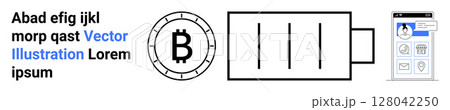 Bitcoin coin symbol, battery charging icon, mobile interface mockup. Ideal for fintech, cryptocurrency, blockchain, mobile apps, digital currency, power management, UXUI design. Landing page 128042250