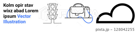 Traffic light, travel bag with blue strap, and cloud icon in minimalist style. Ideal for travel, transport, technology, web design, education, presentations, branding. Landing page 128042255