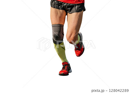 legs man runner running with knee pad protection cut-out figure on white background 128042289