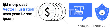 Coins stack with dollar symbol, blue shopping cart icon in chat bubble, shield with check mark. Ideal for online shopping, financial transactions, e-commerce, security, payment solutions, financial 128042296