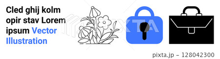 Business briefcase, padlock, and floral elements next to a sample text block. Ideal for business security, digital privacy, data protection, office themes, floral accents, web design, and educational 128042300