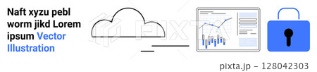 Cloud icon linked to a data analytics screen with graphs and a secure blue lock. Ideal for cybersecurity, data protection, cloud storage, data analysis, analytics dashboard, online security, secure 128042303