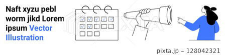 Checklist calendar with checkmarks person using a telescope woman pointing with text nearby. Ideal for project management, appointment scheduling, planning, future vision, organizational strategy Checklist calendar with checkmarks person using a telescope woman pointing with text nearby. Ideal for project management, appointment scheduling, planning, future vision, organizational strategy 128042321