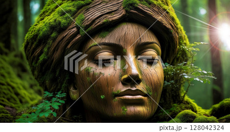Wooden Sculpture Covered with Moss and Leaves in a Green Forest - Generative Ai 128042324