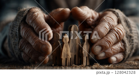 Wrinkled Cupped Hands Protecting a Small Family Made of Wooden Figures - Generative Ai 128042328