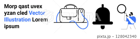 Briefcase with strap, large notification bell, individual holding magnifying glass. Ideal for business, notifications, alerts, research, search, magnification, office tools Landing page Briefcase with strap, large notification bell, individual holding magnifying glass. Ideal for business, notifications, alerts, research, search, magnification, office tools Landing page 128042340