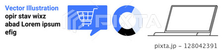 Shopping cart inside chat bubble, pie chart, and laptop. Ideal for e-commerce, online shopping, data analysis, business, communication, web design, tech industry. Landing page Shopping cart inside chat bubble, pie chart, and laptop. Ideal for e-commerce, online shopping, data analysis, business, communication, web design, tech industry. Landing page 128042391