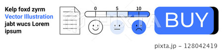 Paper document, rating scale from 0-10, happy, neutral, sad emoticons, blue BUY button, sample text. Ideal for website design, e-commerce, user feedback, ratings, customer satisfaction, purchase 128042419