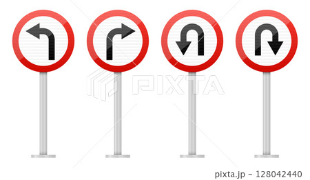 Directional Signs for Traffic: Left, Right and U-turn Options at the Junction Directional Signs for Traffic: Left, Right and U-turn Options at the Junction 128042440