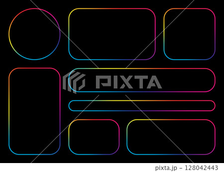 Geometric shapes with rainbow gradient borders over black background Geometric shapes with rainbow gradient borders over black background 128042443