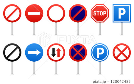 Array of Various Informative Road Signs for Drivers and Pedestrians. 128042485