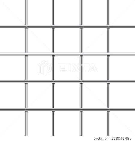 Metallic grid pattern with intersecting lines forming symmetrical squares. 128042489
