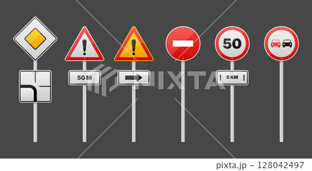 Road signs indicating various traffic regulations and warnings for drivers. 128042497
